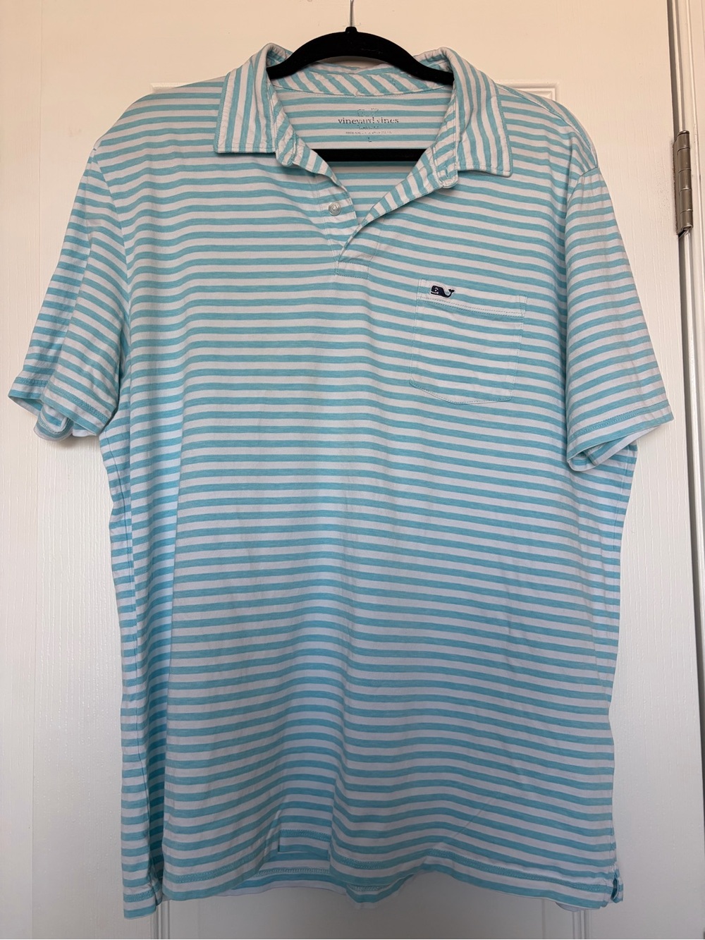 Vineyard Vines Edgartown Striped Pocket Polo Mens Aqua White Whale Sz L